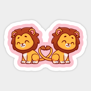 Cute Lion Couple With Love Heart Tail Cartoon Sticker